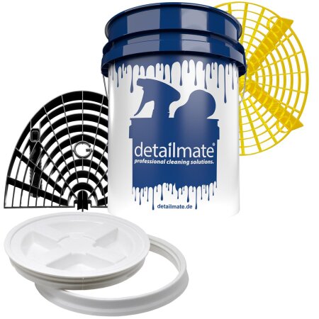 Detailmate Profi Set Auto Reinigung GritGuard: Wasch Eimer 5 GAL (ca. 20 Liter) / Gamma Seal Eimerdeckel weiß / Einsatz gelb / Washboard