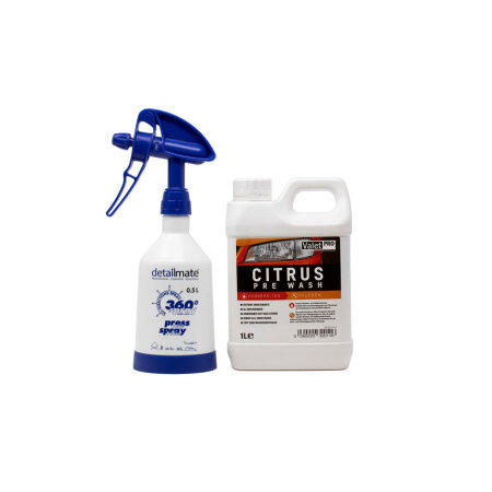 Detailmate Vorwäsche Set aus Made by Kwazar Mercury Super PRO+ 360 Grad Sprühflasche + ValetPRO Citrus pre wash 1 Liter - Citrus Vorwäsche Shampoo für die Fahrzeugpflege - Innenreinigung - Außenreinigung