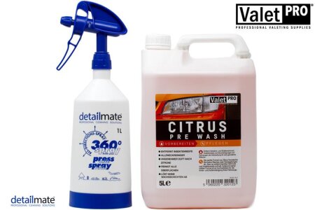 Detailmate Vorwäsche Set aus Made by Kwazar Mercury Super PRO+ 360 Grad Sprühflasche + ValetPRO Citrus pre wash 1 Liter - Citrus Vorwäsche Shampoo für die Fahrzeugpflege - Innenreinigung - Außenreinigung 1L / 5L