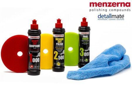 Detailmate Menzerna Autopolitur Set: 1000er + 2500er + 3500er Körnung, 250 ml mit passenden Polier Pads: Soft + Medium + Heavy 150 mm / 6.0" + flauschiges Mikrofaser Polierturch 40x40 cm, 450 GSM