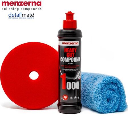 Detailmate Menzerna Autopolitur Set: 1000er + 2500er + 3500er Körnung, 250 ml mit passenden Polier Pads: Soft + Medium + Heavy 150 mm / 6.0" + flauschiges Mikrofaser Polierturch 40x40 cm, 450 GSM 1000 Heavy