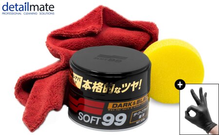 Detailmate Wachs Set: Soft99 Dark & Black Wax für schwarze / dunkle Autolacke,ultra flauschiges Mikrofaser Poliertuch 550 GSM,2  Nitril Schutzhandschuhe