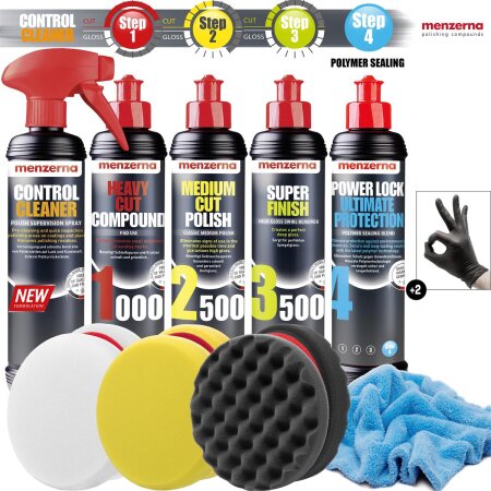 Detailmate Auto Politur Set - Menzerna Autopolitur Super Heavy Cut Compund 1000 + Medium Cut 2500 + Super Finish Plus 3500 + Power Lock Ultimate Wachs + 3x Menzerna Pad + Mikrofasertuch + 3M Band