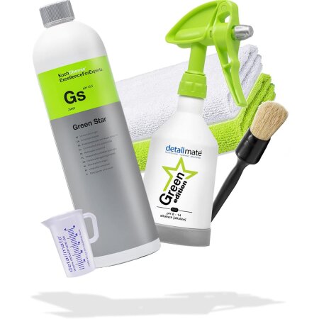 detailmate Green Star Set Auto Innenreinigung: Koch Chemie GreenStar Universalreiniger 1L + KWAZAR Mercury Sprühflasche Green Edition - 0,5l - ph 8-14 geeignet + 2x Mikrofasertuch + Valet Pro Pinsel