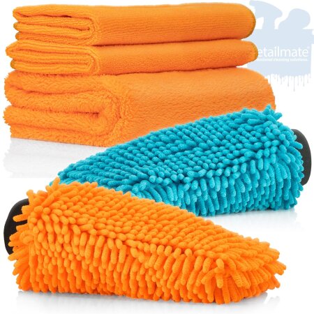 Set de Microfibres pour Voiture Detailmate: 2x Gant Chenille, 1x Chiffon de Polissage à Poils Longs 550 GSM, 2x Chiffon Polyvalent 320 GSM