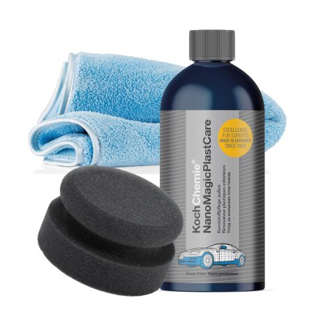 Kunststoffpflege Set außen: Koch Chemie NanoMagic Plast Care 500ml + Handpolierschwamm soft + Mikrofasertuch
