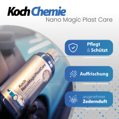 Kunststoffpflege Set außen: Koch Chemie NanoMagic Plast Care 500ml + Handpolierschwamm soft + Mikrofasertuch