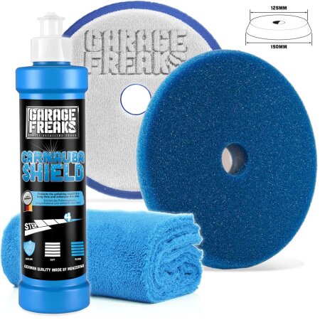 Garage Freaks - Politurset Protection Versiegelung Carnauba Shield 250ml + Shield Wax Foam Pad 150mm + Mikrofasertuch 550GSM