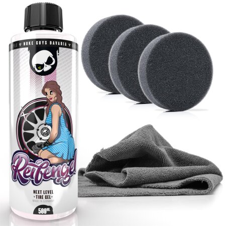 Kit dentretien pour pneus - Nuke Guys Gel pour pneus + Pack de 3 éponges applicatrices + Chiffon en microfibre Edgeless GreyLow 380GSM