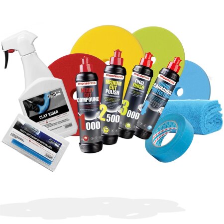 menzerna Polituren 250ml + menzerna Liquid Carnauba Wachs 250ml + Garage Freaks Pads +  ValetPRO Clay Rider 500ml + ValetPRO Reinigungsknete + Zubehör