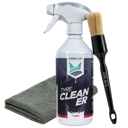 detailmate Tire Cleaner Set: FoxedCare Tyre Cleaner 500 ml + Nuke Guys Brush Large + Edgeless GreyLow Microfiber Cloth 40x40 cm, 380 GSM