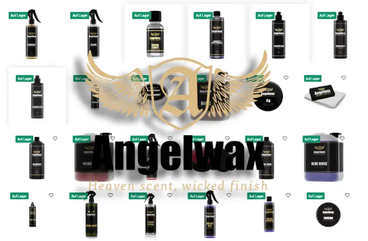 Angelwax Produktsortiment mit verschiedenen Autopflegeprodukten auf einem Bild